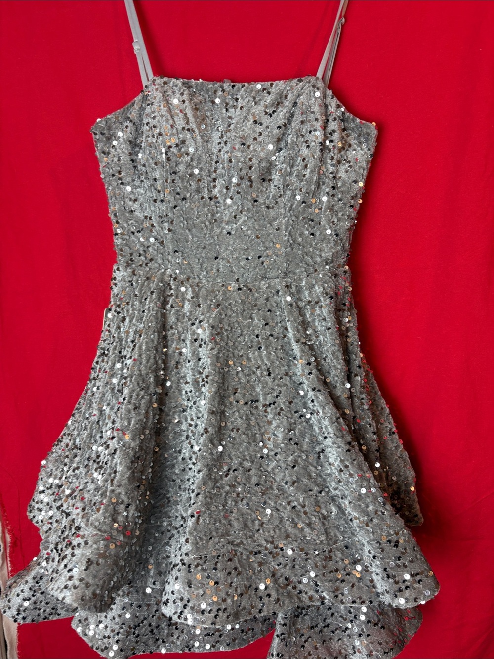 Sparkling Silver Sequin corset Prom Dress with Spaghetti Straps medium
